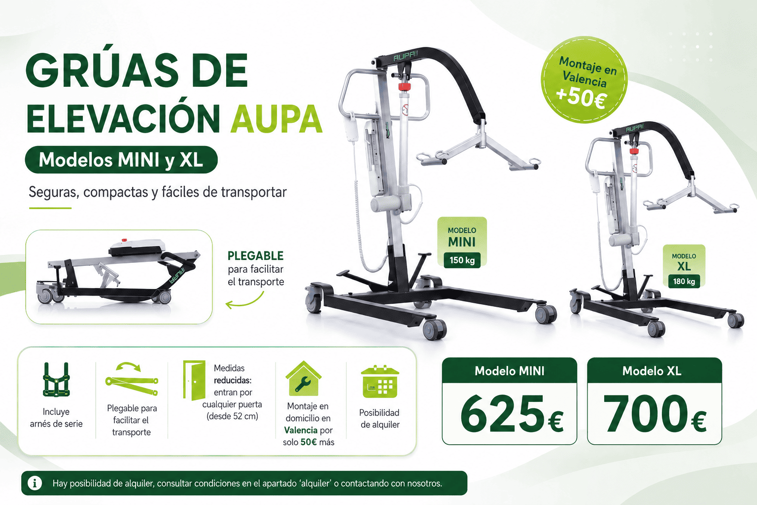 Grúa eléctrica Aúpa TotalCare para traslado de personas con arnés incluido
