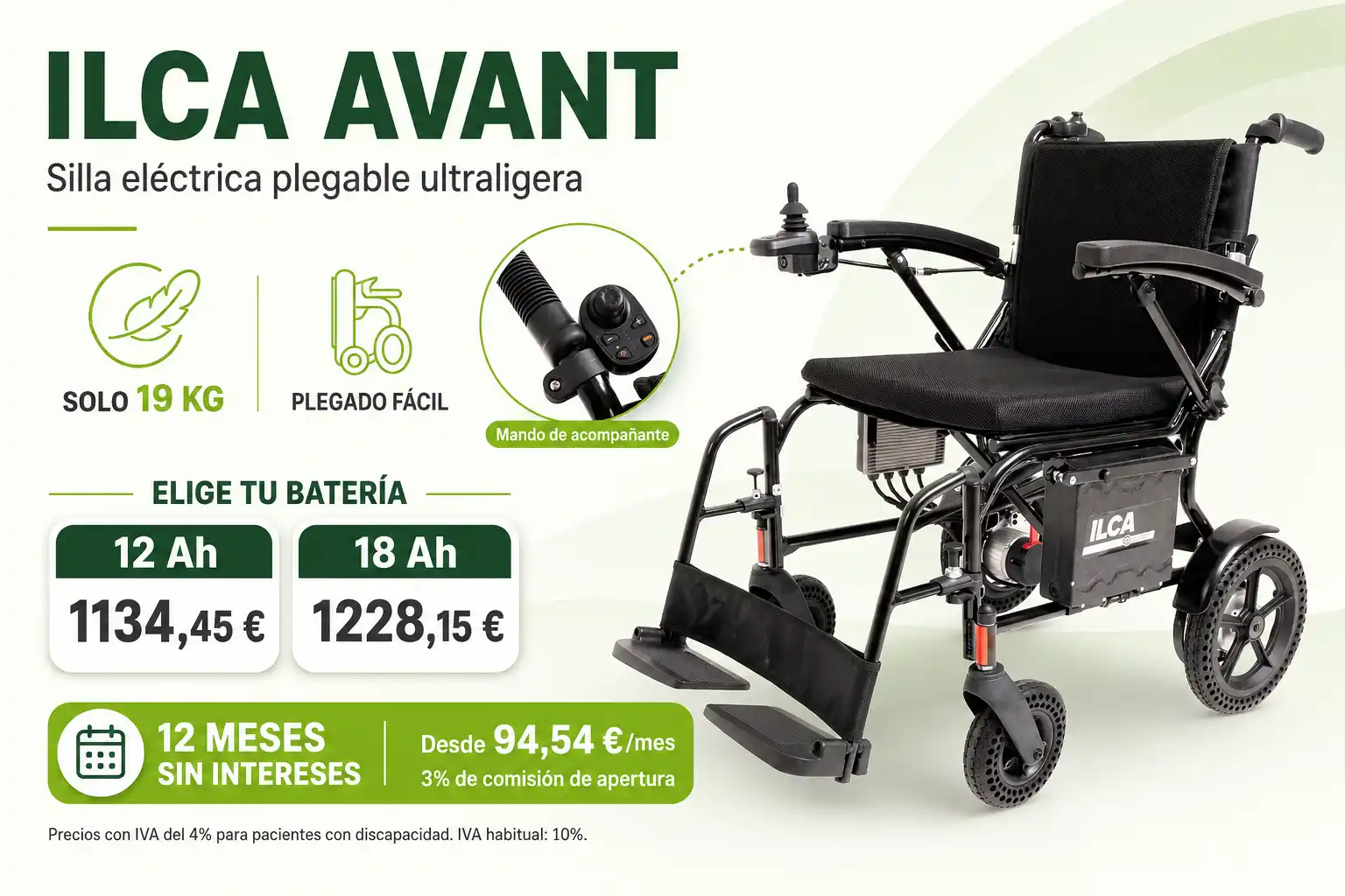 Silla eléctrica plegable ultraligera ILCA Avant con mando para acompañante